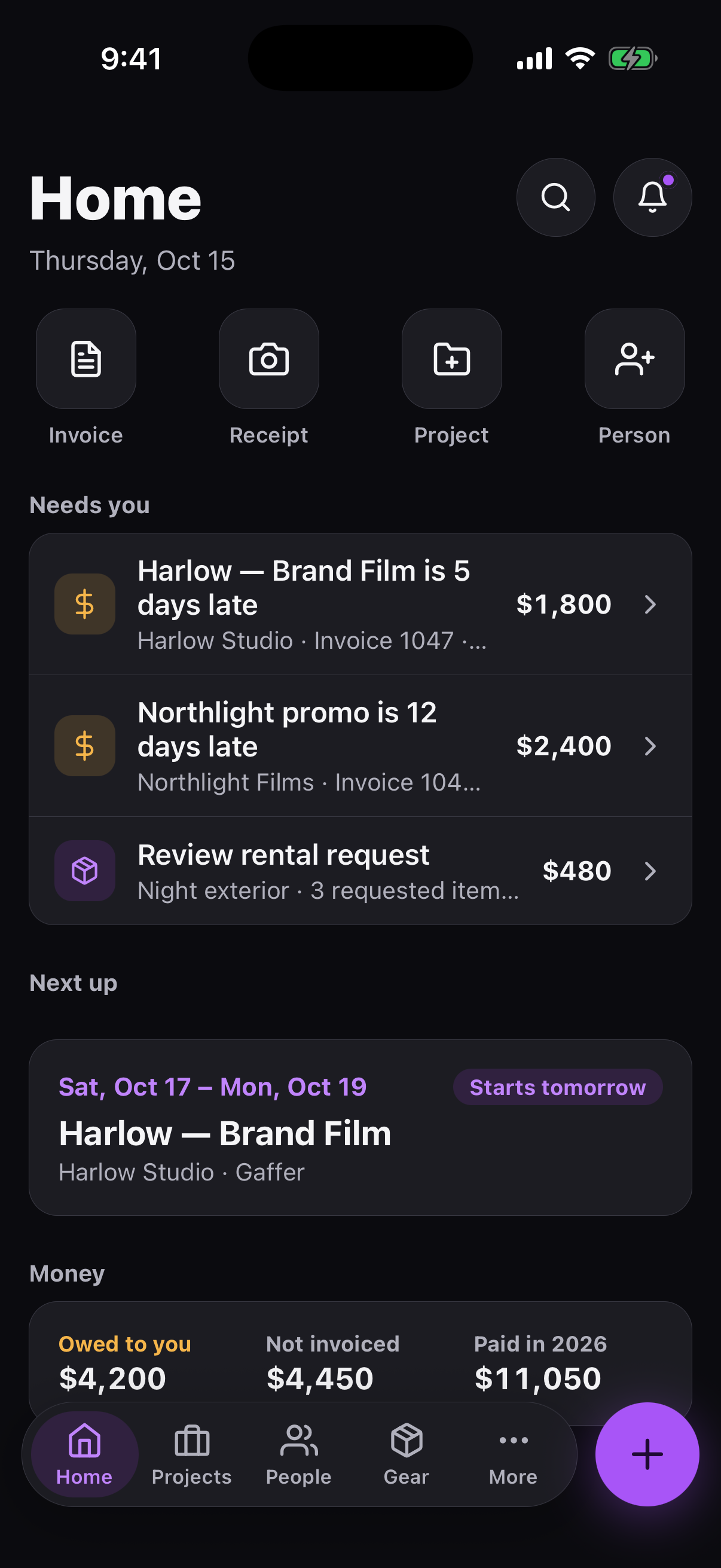 The Aestro iPhone app home screen with quick actions for invoice, receipt, project, and person, what needs you, the next project, and money